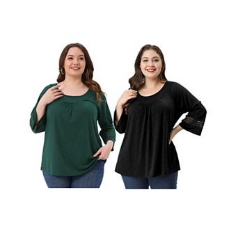 2 pc Women's Plus Size Tops Long Sleeve Shirts Crochet Panel Hollow Out Pleated Tunics Tee Blouses