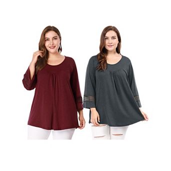 2 pc Women's Plus Size Tops Long Sleeve Shirts Crochet Panel Hollow Out Pleated Tunics Tee Blouses