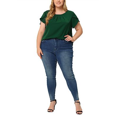 2 Pcs Plus Size Tops for Women Work Office Round Neck Pleated Top Tulip Sleeves Blouses