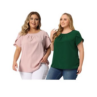 2 pc Plus Size Tops for Women Work Office Round Neck Pleated Top Tulip Sleeves Blouses
