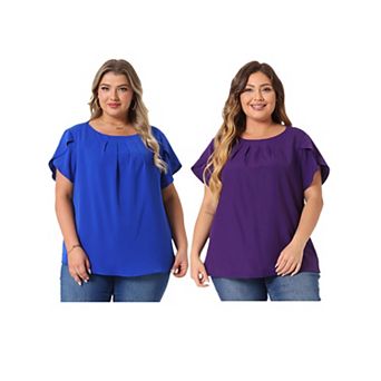 2 pc Plus Size Tops for Women Work Office Round Neck Pleated Top Tulip Sleeves Blouses