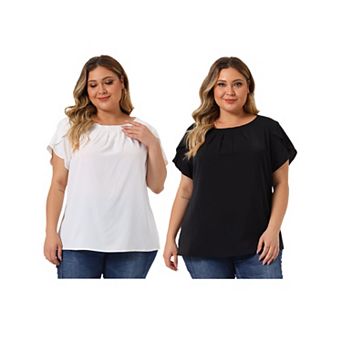 2 pc Plus Size Tops for Women Work Office Round Neck Pleated Top Tulip Sleeves Blouses