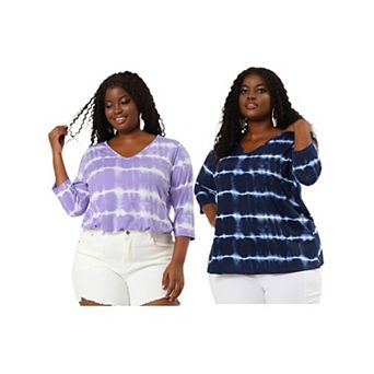 2 pc Plus Size T Shirt for Women V Neck 3/4 Sleeve Loose Casual Blouse Striped Tie Dye Print Tops