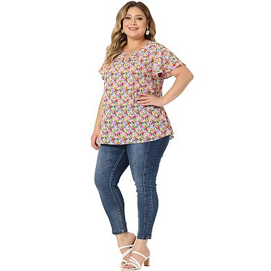 2 Pcs Women's Plus Size Blouses Summer Ruffle Short Sleeve Shirts Keyhole Chiffon Tops