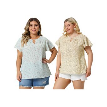 2 pc Women's Plus Size Blouses Summer Ruffle Short Sleeve Shirts Keyhole Chiffon Tops