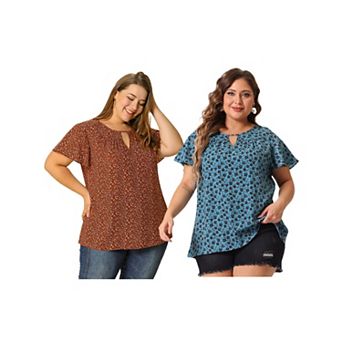 2 pc Women's Plus Size Blouses Summer Ruffle Short Sleeve Shirts Keyhole Chiffon Tops