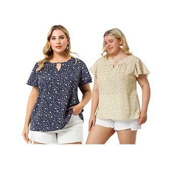 2 pc Women's Plus Size Blouses Summer Ruffle Short Sleeve Shirts Keyhole Chiffon Tops