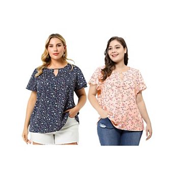 2 pc Women's Plus Size Blouses Summer Ruffle Short Sleeve Shirts Keyhole Chiffon Tops