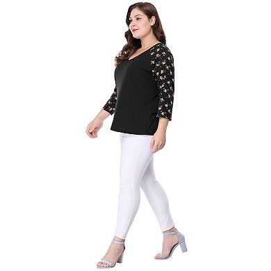 2 Pcs Women's Plus Size Tops Casual V Neck 3/4 Sleeve Floral Raglan T-Shirts