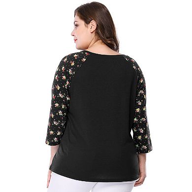 2 Pcs Women's Plus Size Tops Casual V Neck 3/4 Sleeve Floral Raglan T-Shirts