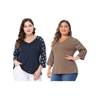 2 pc Women's Plus Size Tops Casual V Neck 3/4 Sleeve Floral Raglan T-Shirts