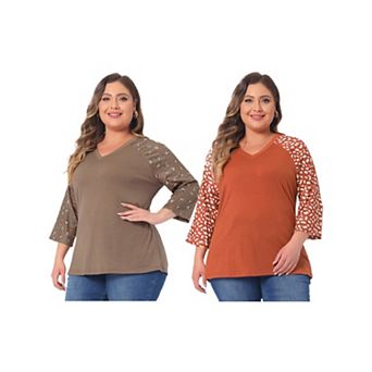2 pc Women's Plus Size Tops Casual V Neck 3/4 Sleeve Floral Raglan T-Shirts