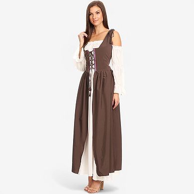 Women's Renaissance Lace-Up Overdress with Shoulder Tie Straps