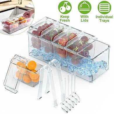 Ice Chilled Condiment Caddy with 5 Containers, Lids & Tongs for Serving