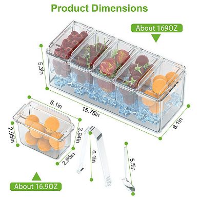 Ice Chilled Condiment Caddy with 5 Containers, Lids & Tongs for Serving