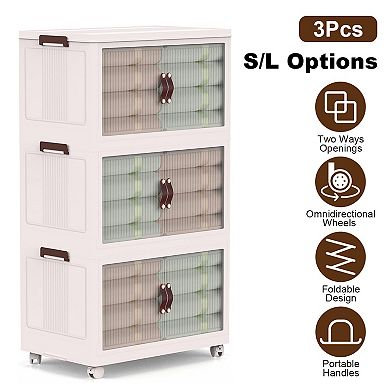 3Pcs Foldable Storage Bins with Lids, Magnetic Door, Stackable, Wheels & 8 Small Organizers