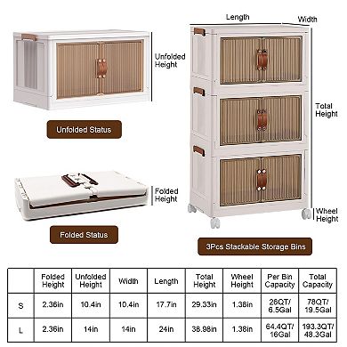 3Pcs Foldable Storage Bins with Lids, Magnetic Door, Stackable, Wheels & 8 Small Organizers