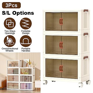 3Pcs Foldable Storage Bins with Lids, Magnetic Door, Stackable, Wheels & 8 Small Organizers