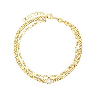 PRIMROSE 14k Gold Plated Double Layer Curb & Figaro Chain Bracelet