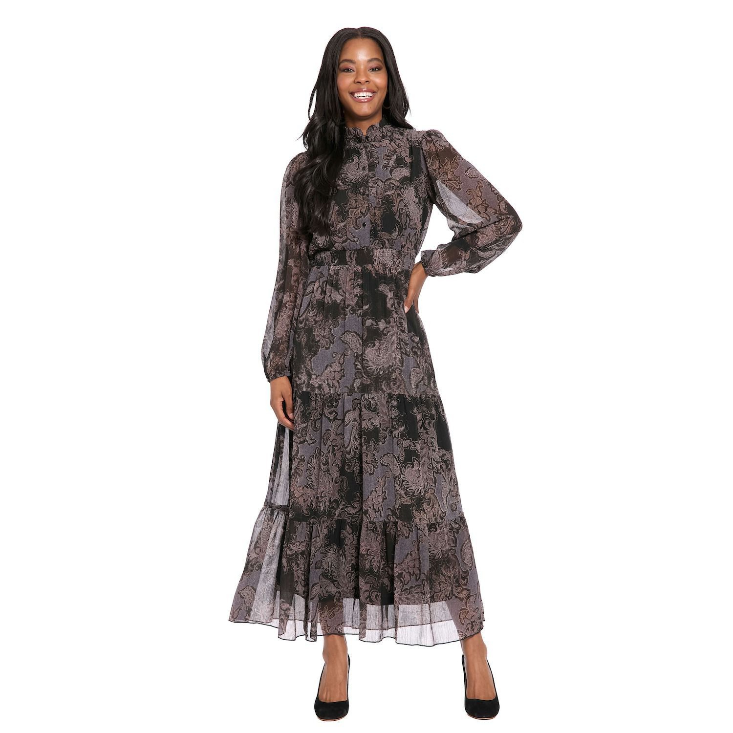 Женское платье London Times Ruffle Neck Smocked Waist Maxi, цвет: Чёрный серый — фото 1