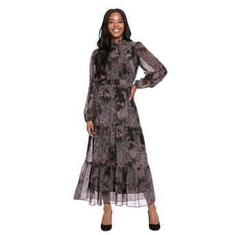 Women's London Times Ruffle Neck Smocked Waist Maxi Dress