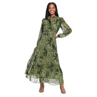 Women's London Times Ruffle Neck Smocked Waist Maxi Dress