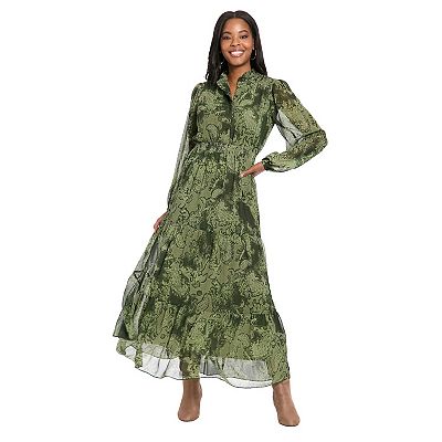 Lettie Long Sleeve Ruffle Neck Tiered Maxi Dress | London Times Black/Gray / Standard / S