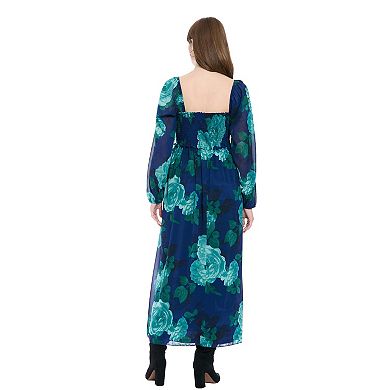 Women's London Times Smocked Back Bishop Sleeve Midi Dress