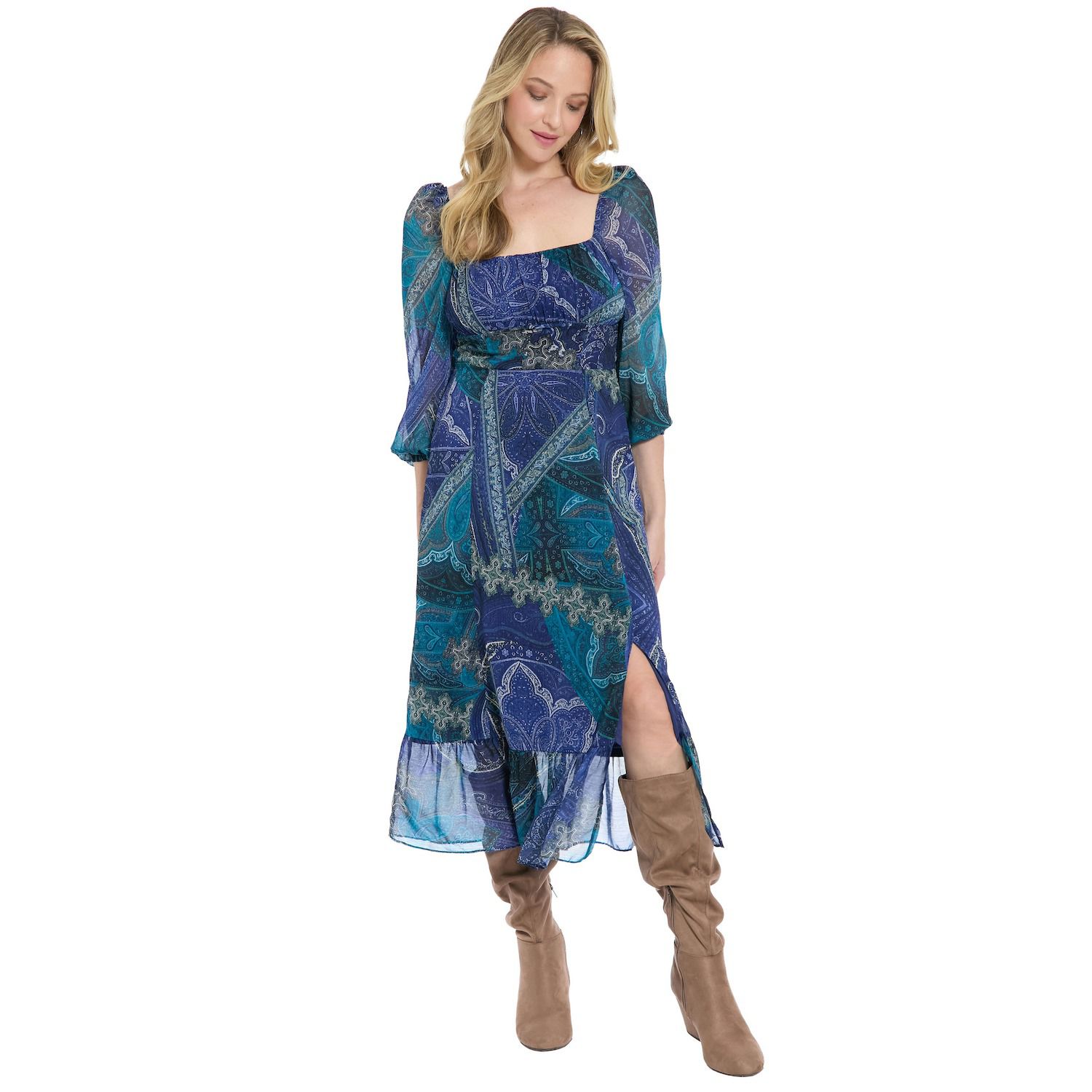 Женские платья London Times Bishop Sleeve Empire Waist Midi Dress