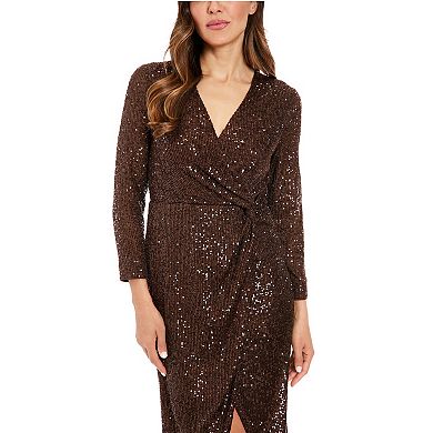 Women's London Times Sequin Side Twist Long Sleeve Midi Dress