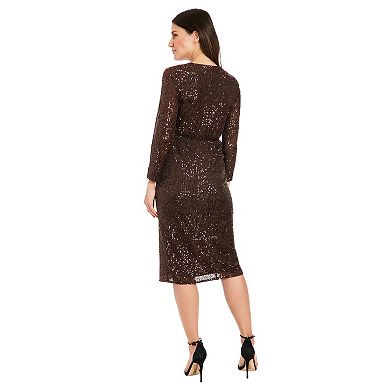 Women's London Times Sequin Side Twist Long Sleeve Midi Dress