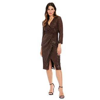Women's London Times Sequin Side Twist Long Sleeve Midi Dress
