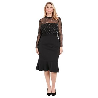 Women's London Times Illusion Sleeve Midi Dress with Flounce Hem
