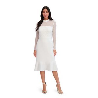 Women's London Times Illusion Sleeve Midi Dress with Flounce Hem