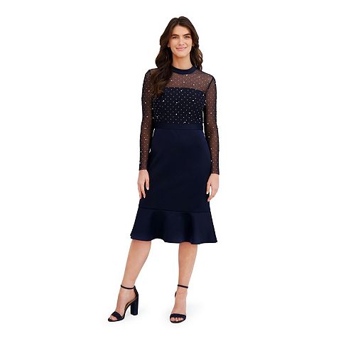 Женские платья London Women's London Times Illusion Sleeve Midi Dress with Flounce Hem