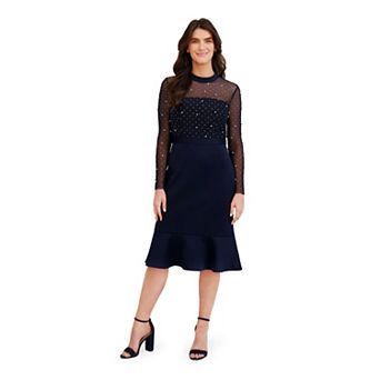 Women's London Times Illusion Sleeve Midi Dress with Flounce Hem