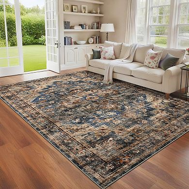 Garvee Vintage Distressed Floral Area Rug Machine Washable Non Slip Mat for Bedroom Living Room