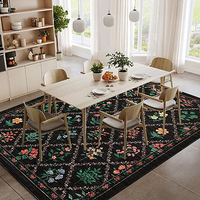 Garvee Pastoral Flower Print Machine Washable Area Rug Low Pile Non Slip Rug for Living Room Bedroom