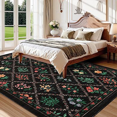 Garvee Pastoral Flower Print Machine Washable Area Rug Low Pile Non Slip Rug for Living Room Bedroom