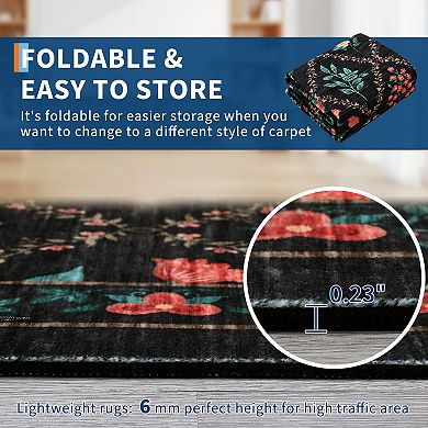 Garvee Pastoral Flower Print Machine Washable Area Rug Low Pile Non Slip Rug for Living Room Bedroom