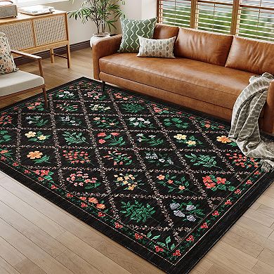 Garvee Pastoral Flower Print Machine Washable Area Rug Low Pile Non Slip Rug for Living Room Bedroom
