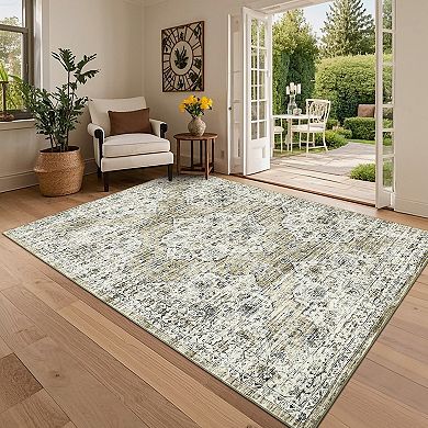 Garvee Boho Vintage Floral Print Area Rug Non Slip Low Pile Stain Resistant Rug for Bedroom Kitchen