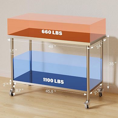 Stainless Steel Table, 60" x 24", 1000 LBS, with Adjustable Undershelf and Lockable Casters