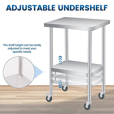 Stainless Steel Table 24x24x35Inch with 2-Tier Storage, Adjustable Undershelf, Lockable Casters