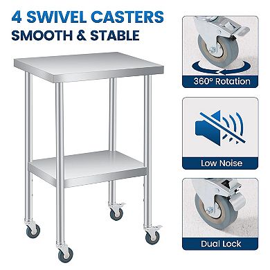 Stainless Steel Table 24x24x35Inch with 2-Tier Storage, Adjustable Undershelf, Lockable Casters