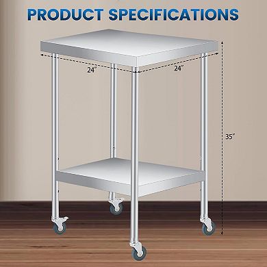 Stainless Steel Table 24x24x35Inch with 2-Tier Storage, Adjustable Undershelf, Lockable Casters