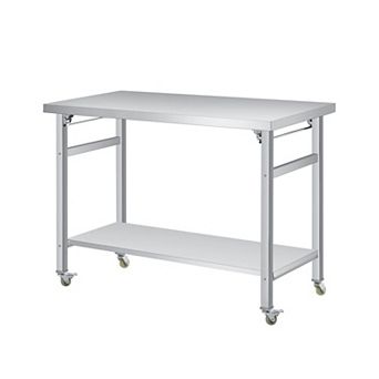 Stainless Steel Folding Table 48x24 in with Lockable Casters & Undershelf, 920 lbs Load