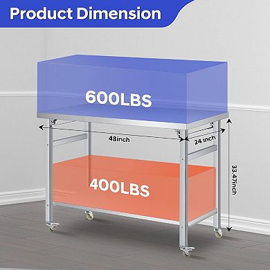 Stainless Steel Folding Table 48x24 in, with Lockable Casters & Undershelf, 920 lbs Load
