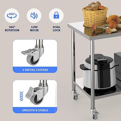 Stainless Steel Table, 60" x 24", 1000 LBS, with Adjustable Undershelf and Lockable Casters
