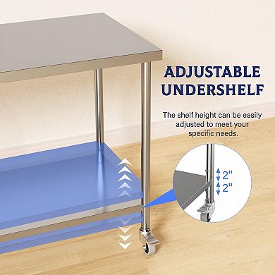 Stainless Steel Table, 60" x 24", 1000 LBS, with Adjustable Undershelf and Lockable Casters